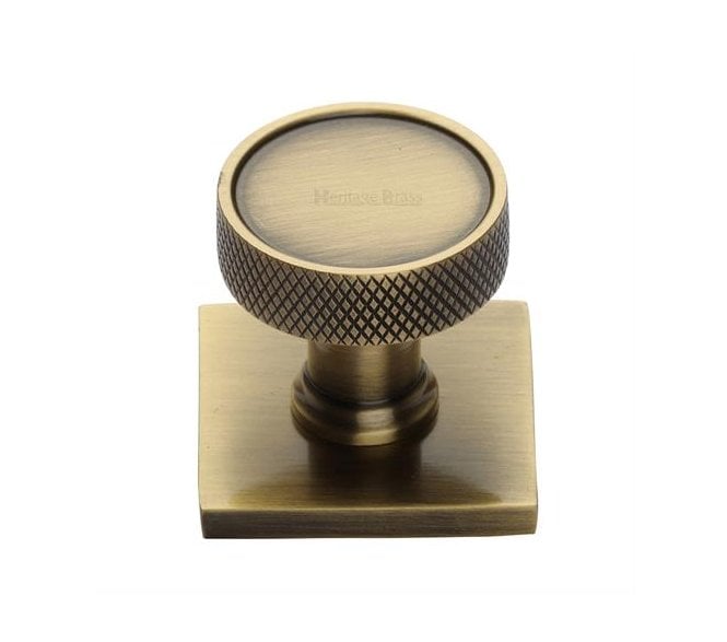 Heritage Brass Cabinet Knob Florence Knurled Design with Square Backplate 32mm - Antique Brass