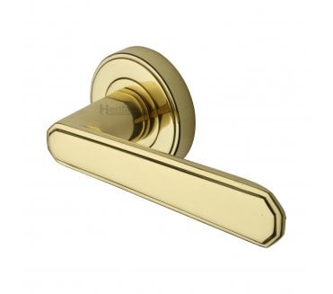 Heritage Brass Century Art Deco Door Handles On Round Rose - Polished Brass