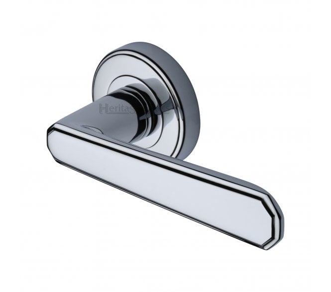 Heritage Brass Century Art Deco Door Handles On Round Rose - Polished Chrome
