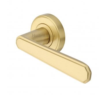 Heritage Brass Century Art Deco Door Handles On Round Rose - Satin Brass