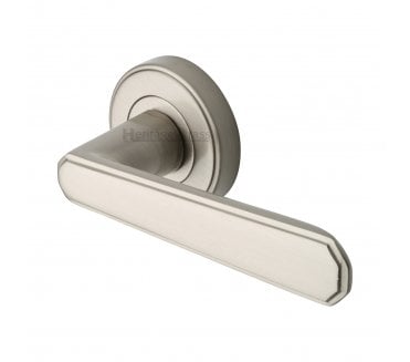 Heritage Brass Century Art Deco Door Handles On Round Rose - Satin Nickel