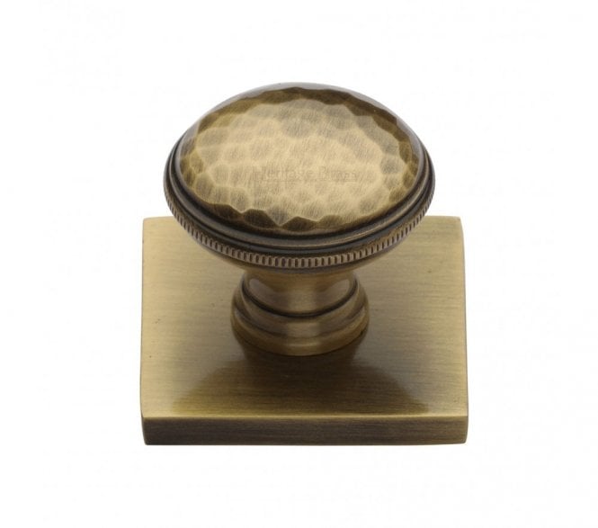 Heritage Brass Diamond Cut Designer Cabinet Knob on Square Backplate - Antique Brass