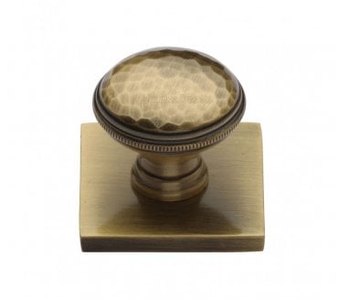 Heritage Brass Diamond Cut Designer Cabinet Knob on Square Backplate - Antique Brass
