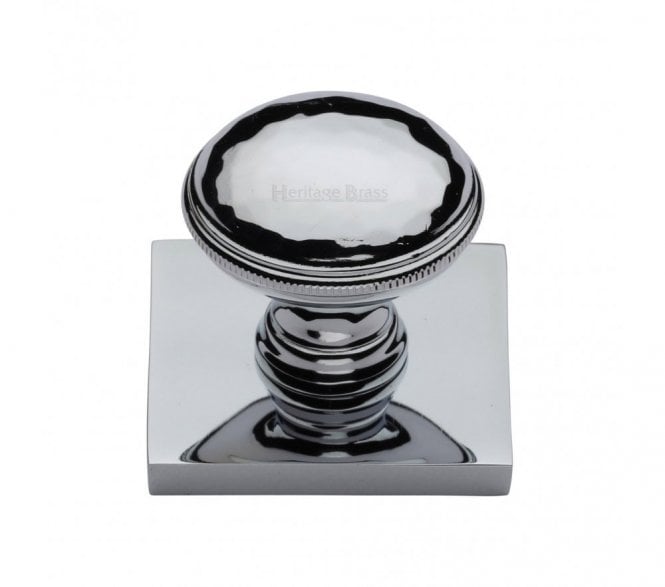 Heritage Brass Diamond Cut Designer Cabinet Knob on Square Backplate - Polished Chrome