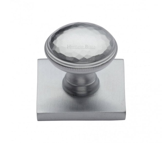 Heritage Brass Diamond Cut Designer Cabinet Knob on Square Backplate - Satin Chrome
