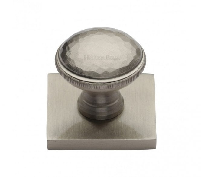 Heritage Brass Diamond Cut Designer Cabinet Knob on Square Backplate - Satin Nickel