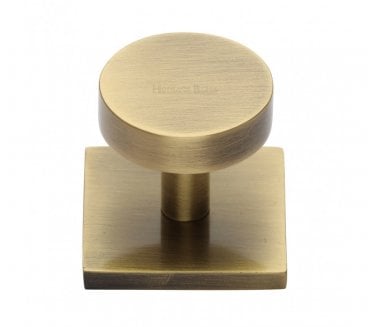 Heritage Brass Disc  Designer Cabinet Knob on Square Backplate - Antique Brass