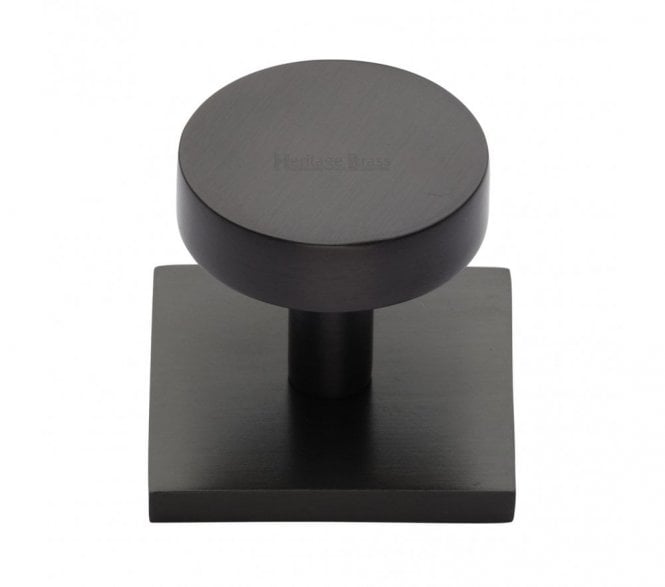 Heritage Brass Disc  Designer Cabinet Knob on Square Backplate - Matt Bronze