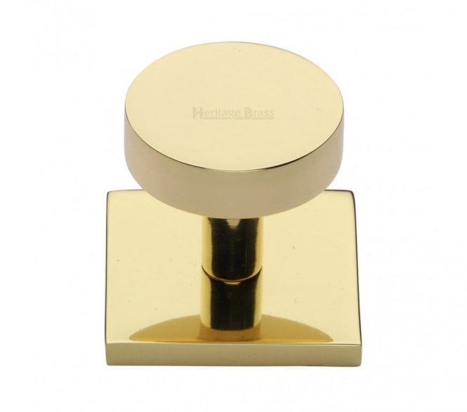 Heritage Brass Disc  Designer Cabinet Knob on Square Backplate - Polished Brass
