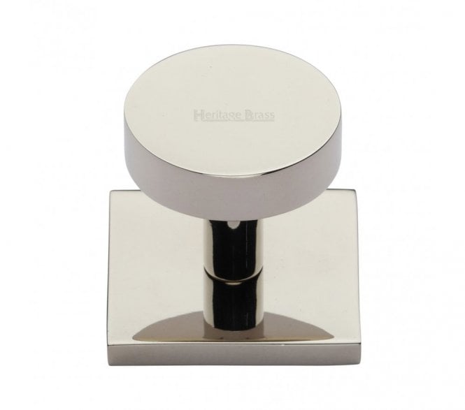 Heritage Brass Disc  Designer Cabinet Knob on Square Backplate - Polished Nickel