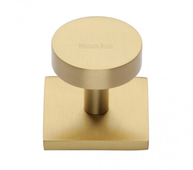 Heritage Brass Disc  Designer Cabinet Knob on Square Backplate - Satin Brass