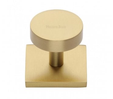 Heritage Brass Disc  Designer Cabinet Knob on Square Backplate - Satin Brass