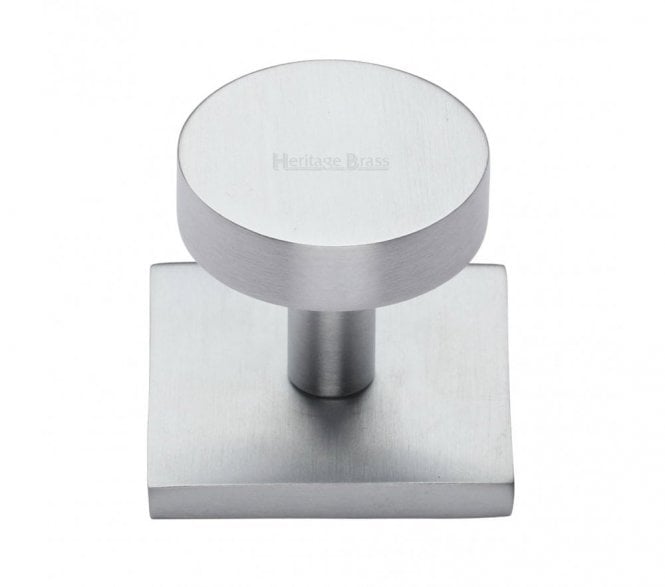 Heritage Brass Disc  Designer Cabinet Knob on Square Backplate - Satin Chrome