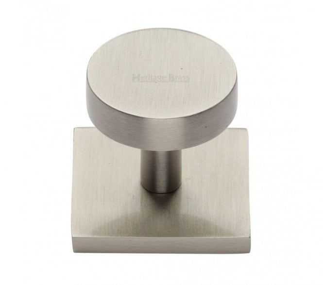 Heritage Brass Disc  Designer Cabinet Knob on Square Backplate - Satin Nickel