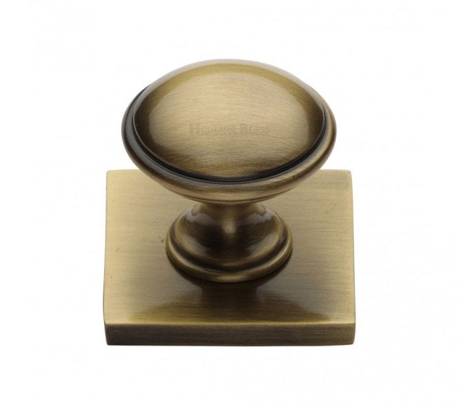 Heritage Brass Domed Designer Cabinet Knob on Square Backplate - Antique Brass
