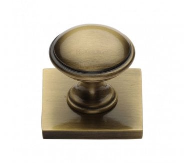 Heritage Brass Domed Designer Cabinet Knob on Square Backplate - Antique Brass