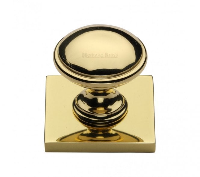 Heritage Brass Domed Designer Cabinet Knob on Square Backplate - Polished Brass