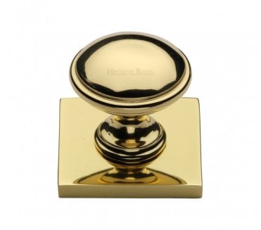 Heritage Brass Domed Designer Cabinet Knob on Square Backplate - Polished Brass