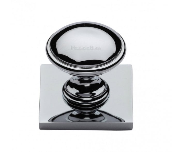 Heritage Brass Domed Designer Cabinet Knob on Square Backplate - Polished Chrome