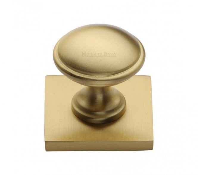 Heritage Brass Domed Designer Cabinet Knob on Square Backplate - Satin Brass