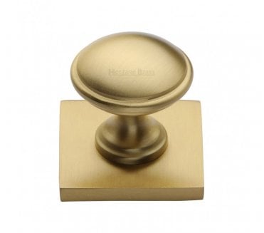 Heritage Brass Domed Designer Cabinet Knob on Square Backplate - Satin Brass