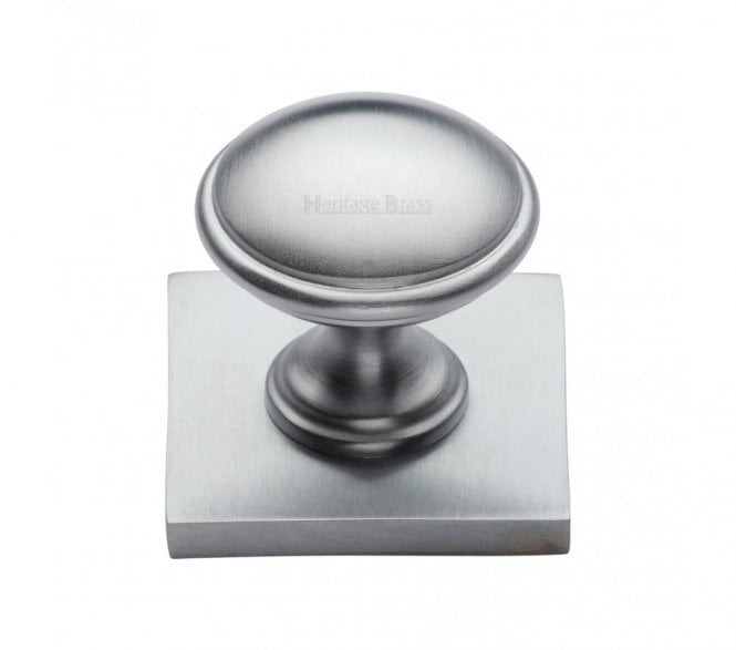 Heritage Brass Domed Designer Cabinet Knob on Square Backplate - Satin Chrome