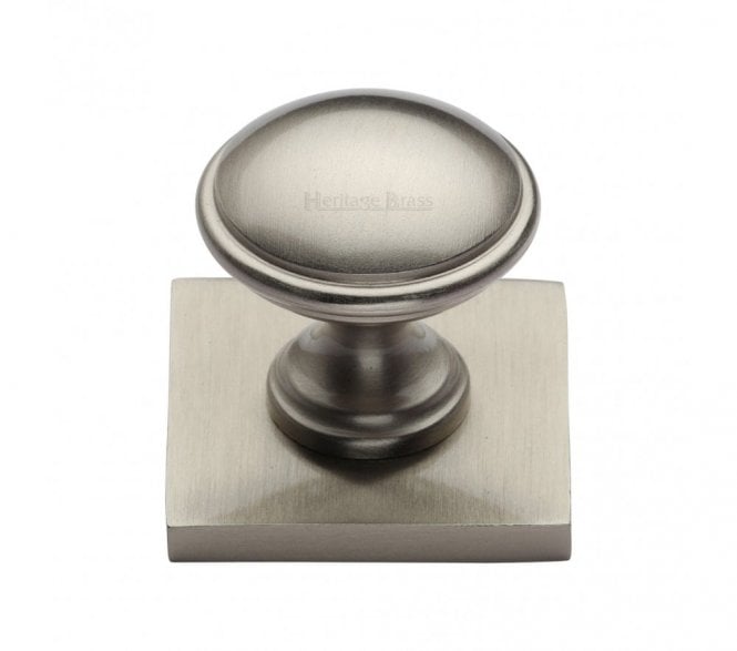 Heritage Brass Domed Designer Cabinet Knob on Square Backplate - Satin Nickel