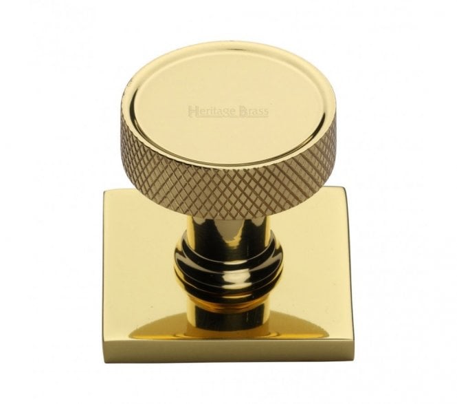 Heritage Brass Florence Knurled Designer Cabinet Knob on Square Backplate - Polished Brass