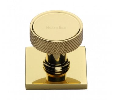 Heritage Brass Florence Knurled Designer Cabinet Knob on Square Backplate - Polished Brass