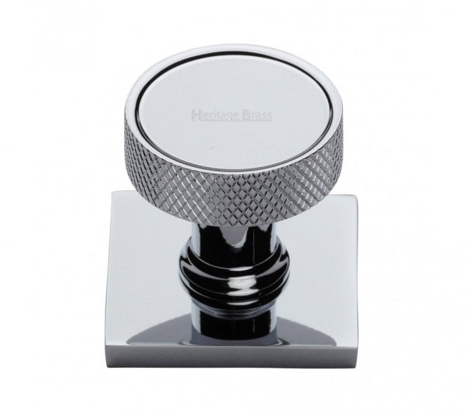 Heritage Brass Florence Knurled Designer Cabinet Knob on Square Backplate - Polished Chrome