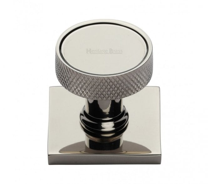 Heritage Brass Florence Knurled Designer Cabinet Knob on Square Backplate - Polished Nickel