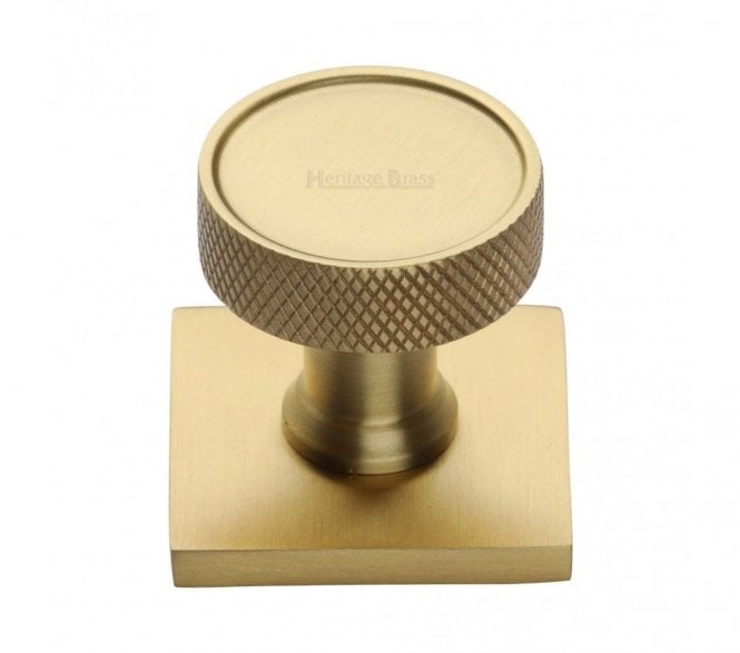Heritage Brass Florence Knurled Designer Cabinet Knob on Square Backplate - Satin Brass