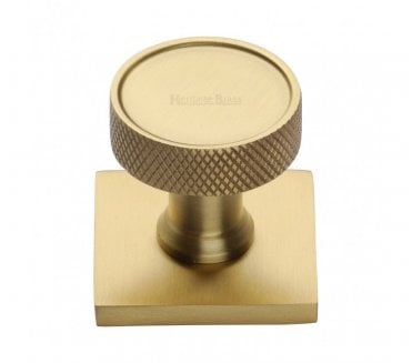 Heritage Brass Florence Knurled Designer Cabinet Knob on Square Backplate - Satin Brass