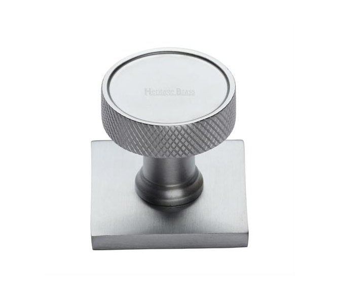 Heritage Brass Florence Knurled Designer Cabinet Knob on Square Backplate - Satin Chrome