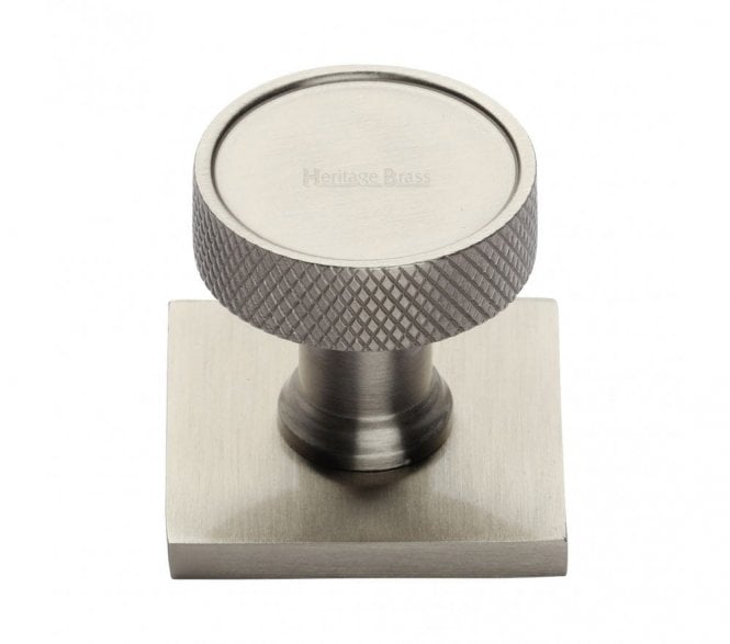 Heritage Brass Florence Knurled Designer Cabinet Knob on Square Backplate - Satin Nickel