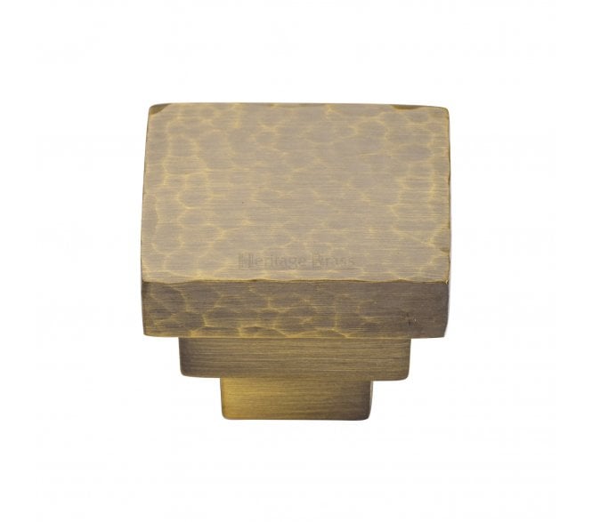 Heritage Brass HAM3672 Hammered Square Stepped Cabinet Knob - Antique Brass