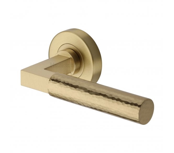 Heritage Brass Hammered Bauhaus Lever On Round Rose - Satin Brass