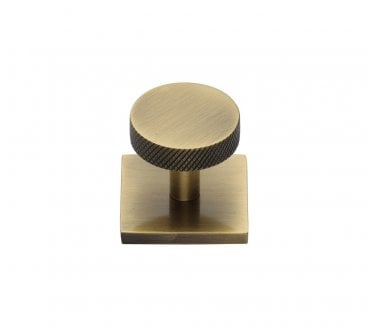 Heritage Brass Knurled Disc Designer Cabinet Knob on Square Backplate - Antique Brass