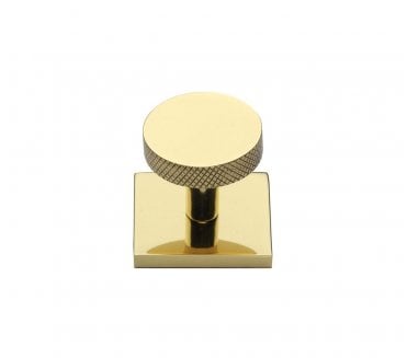 Heritage Brass Knurled Disc Designer Cabinet Knob on Square Backplate - Polished Brass
