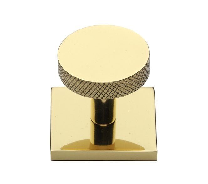 Heritage Brass Knurled Disc Designer Cabinet Knob on Square Backplate - Polished Brass