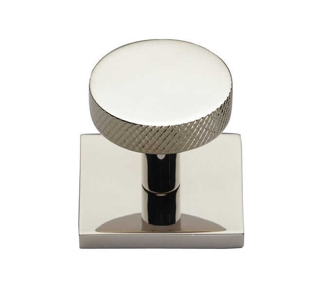 Heritage Brass Knurled Disc Designer Cabinet Knob on Square Backplate - Polished Nickel