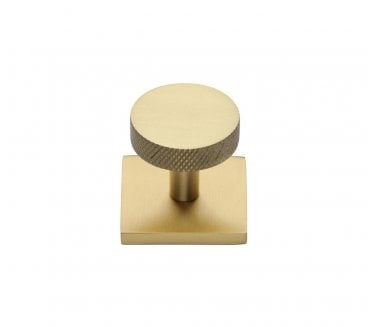 Heritage Brass Knurled Disc Designer Cabinet Knob on Square Backplate - Satin Brass