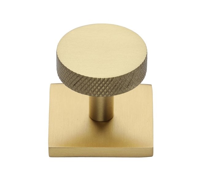 Heritage Brass Knurled Disc Designer Cabinet Knob on Square Backplate - Satin Brass