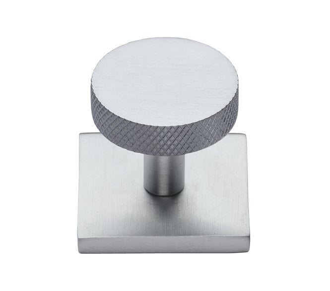 Heritage Brass Knurled Disc Designer Cabinet Knob on Square Backplate - Satin Chrome
