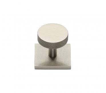 Heritage Brass Knurled Disc Designer Cabinet Knob on Square Backplate - Satin Nickel