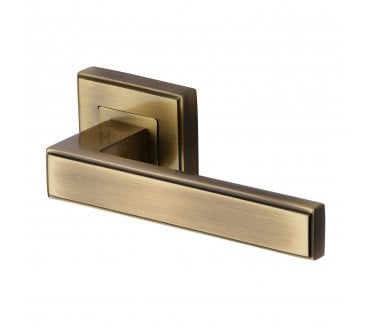 Heritage Brass Linear Door Handles on Square Rose - Antique Brass