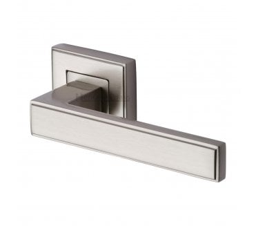 Heritage Brass Linear Door Handles on Square Rose - Satin Nickel