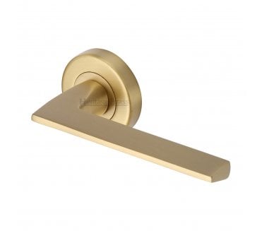 Heritage Brass Pyramid Door Handles On Round Rose - Satin Brass