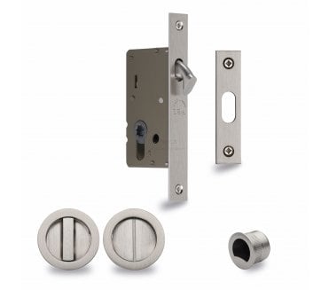 Heritage Brass Round Sliding Pocket Door Bathroom Lock Set - Satin Nickel