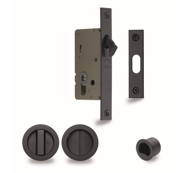 Heritage Brass Round Sliding Pocket Door Bathroom Lock Set - Matt Black